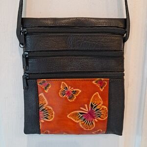 Artisan Crafted Black and Orange Tooled Butterfly Leather Crossbody Bag